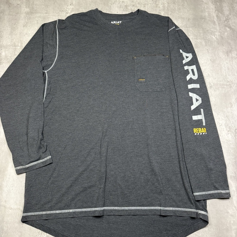 Ariat Rebar Mens XLT Gray Long Sleeve Pocket Work  Logo Sleeve Workman